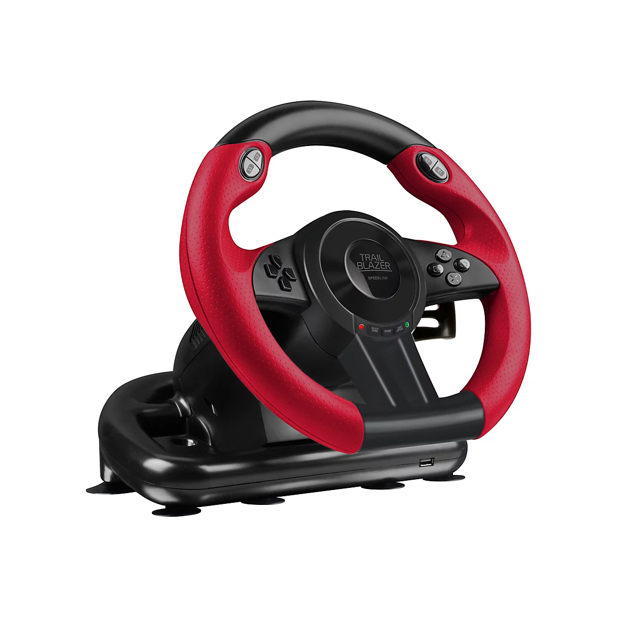 Ein schwarzes Lenkrad mit roten Griffen, Knöpfen und dem Schriftzug 'TRAIL BLAZER'.