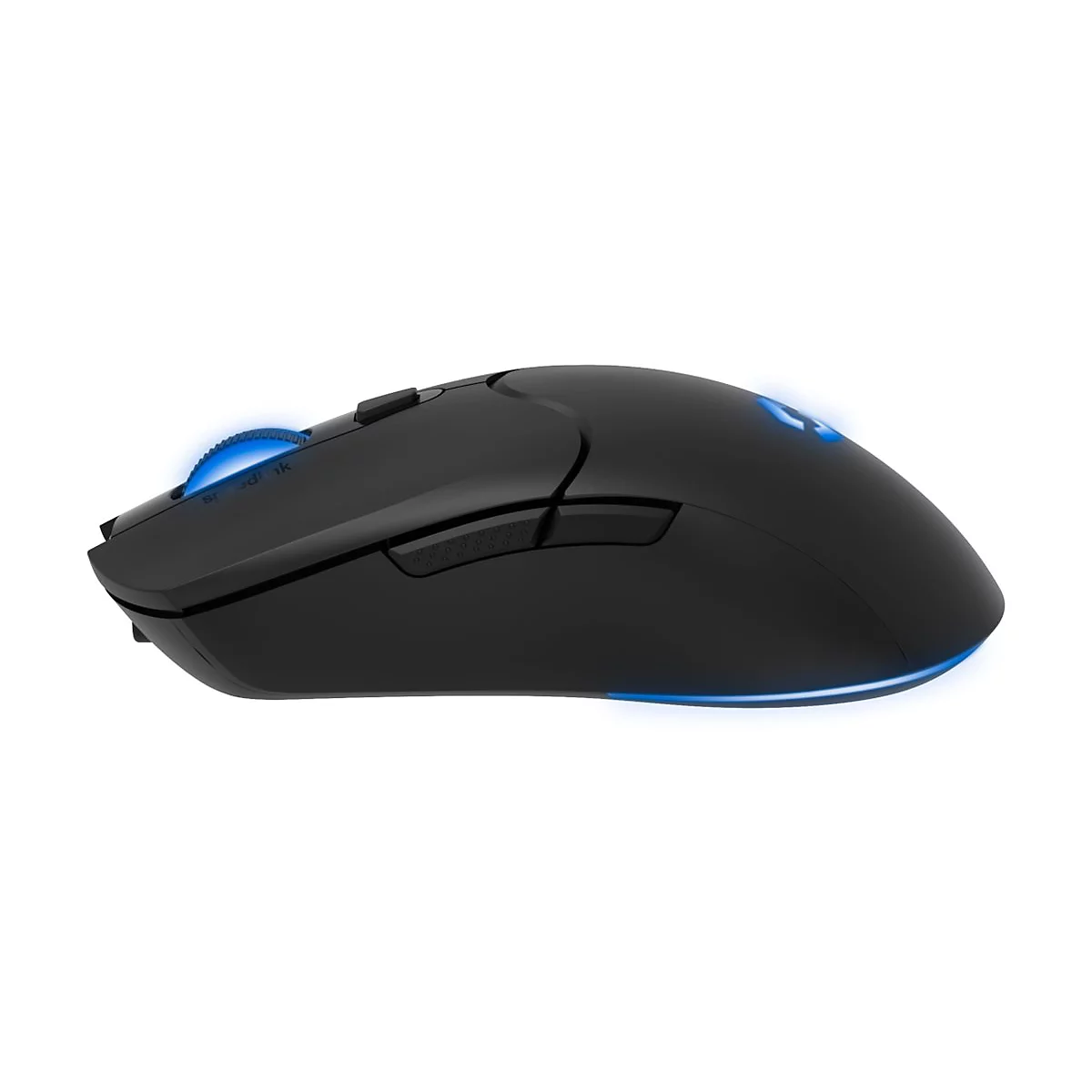 Schwarze kabellose Gaming-Maus mit blauer LED-Beleuchtung vor weißem Hintergrund.