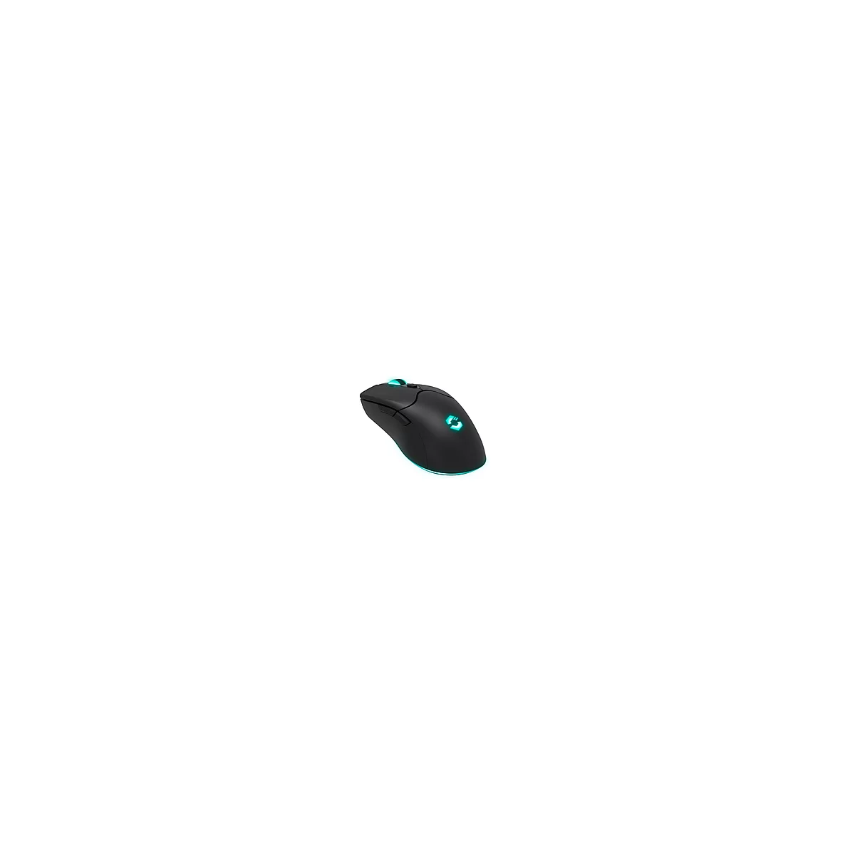 Schwarze Gaming-Maus mit blauer Beleuchtung, Seitenknöpfen und leuchtendem Logo.