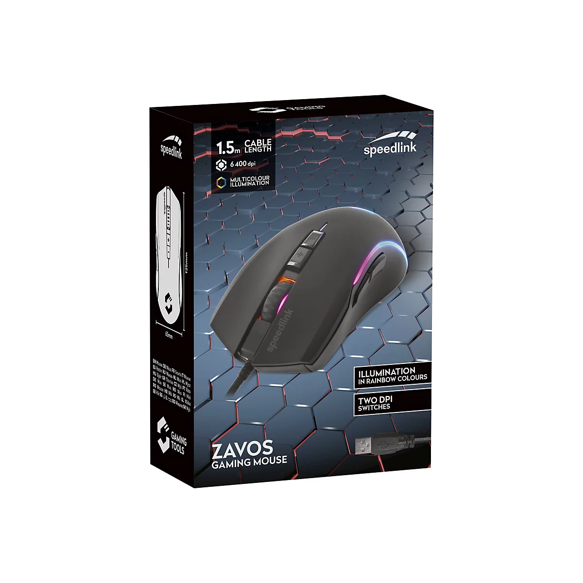 Schwarz-graue Gaming-Maus in einer Verpackung. Aufdrucke: Geschwindigkeit, 1,5 m Kabellänge, 6400 dpi, mehrfarbige Beleuchtung, ZAVOS Gaming Mouse. Die Maus leuchtet in Regenbogenfarben.