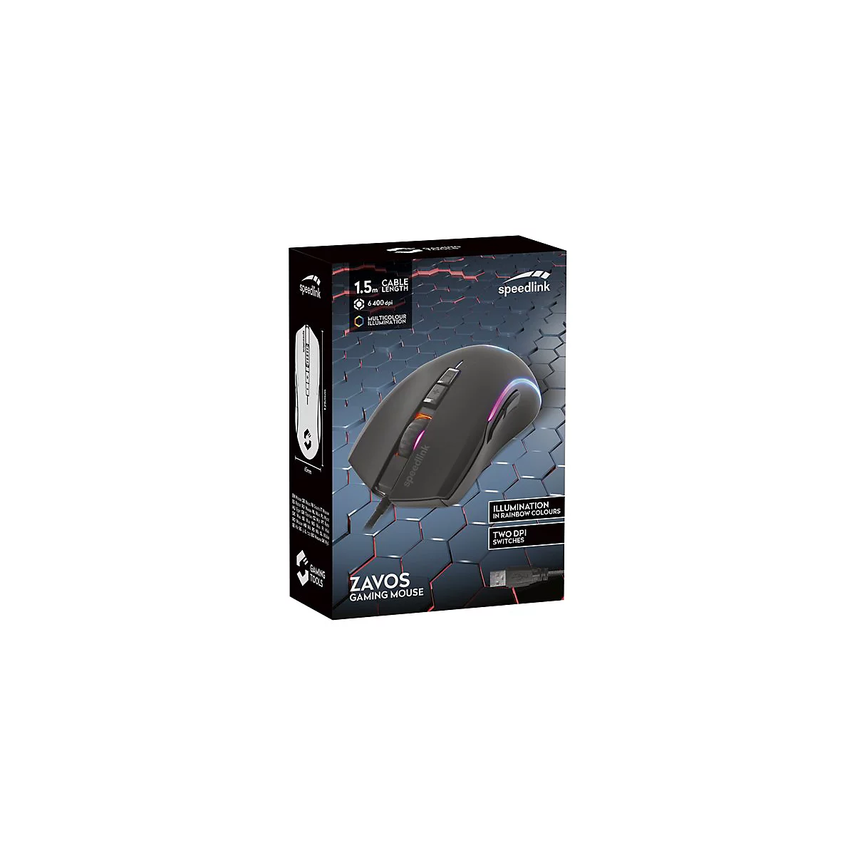 Schwarze Gaming Maus ZAVOS von Speedlink mit Multicolor-Beleuchtung und zwei DPI-Schaltern. Die Verpackung zeigt das Produkt und Merkmale.