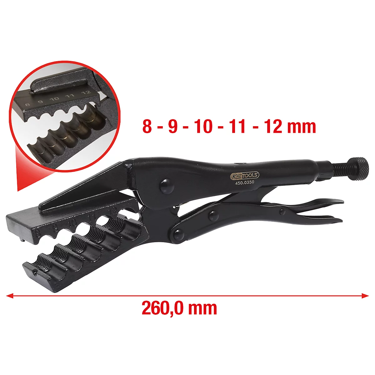 Schwarze Knipex-Zange mit 8-12 mm Beschriftung, 260 mm lang, Detailansicht der Backen und der Einstellschraube.