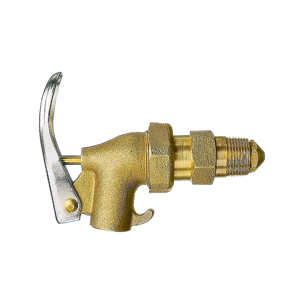 Brass quick coupling with lever and thread. Details such as lever, angle and thread are clearly visible.