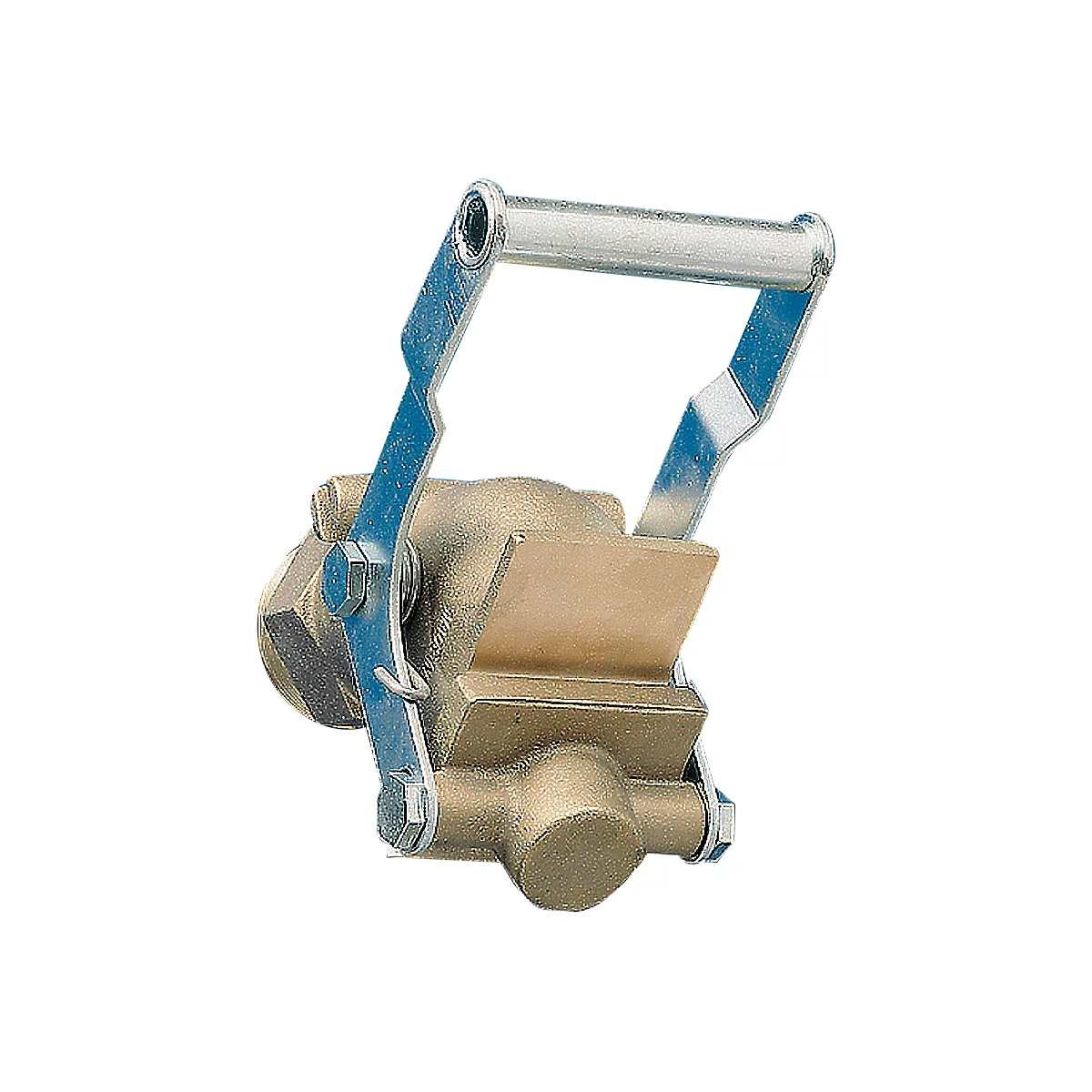 Metal valve with lever. The lever and brackets are silver, the valve is gold.