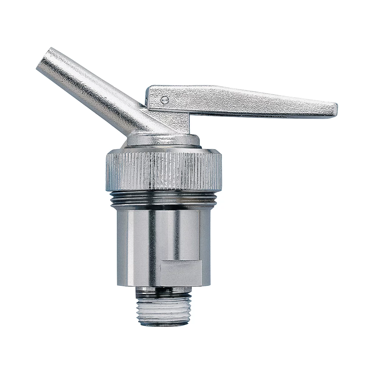 Close-up of a silver tap. It has a lever and an angled spout.