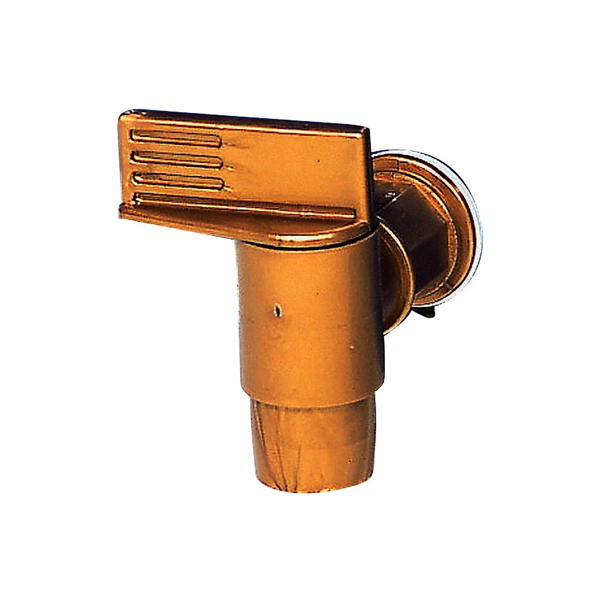A golden tap detail showing handle, neck, and thread. The background is white.