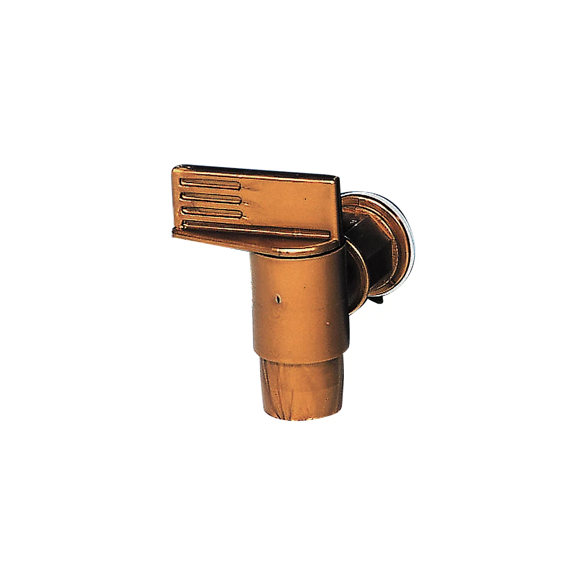 Close-up of a bronze-colored faucet with a three-section lever and hexagonal connector.