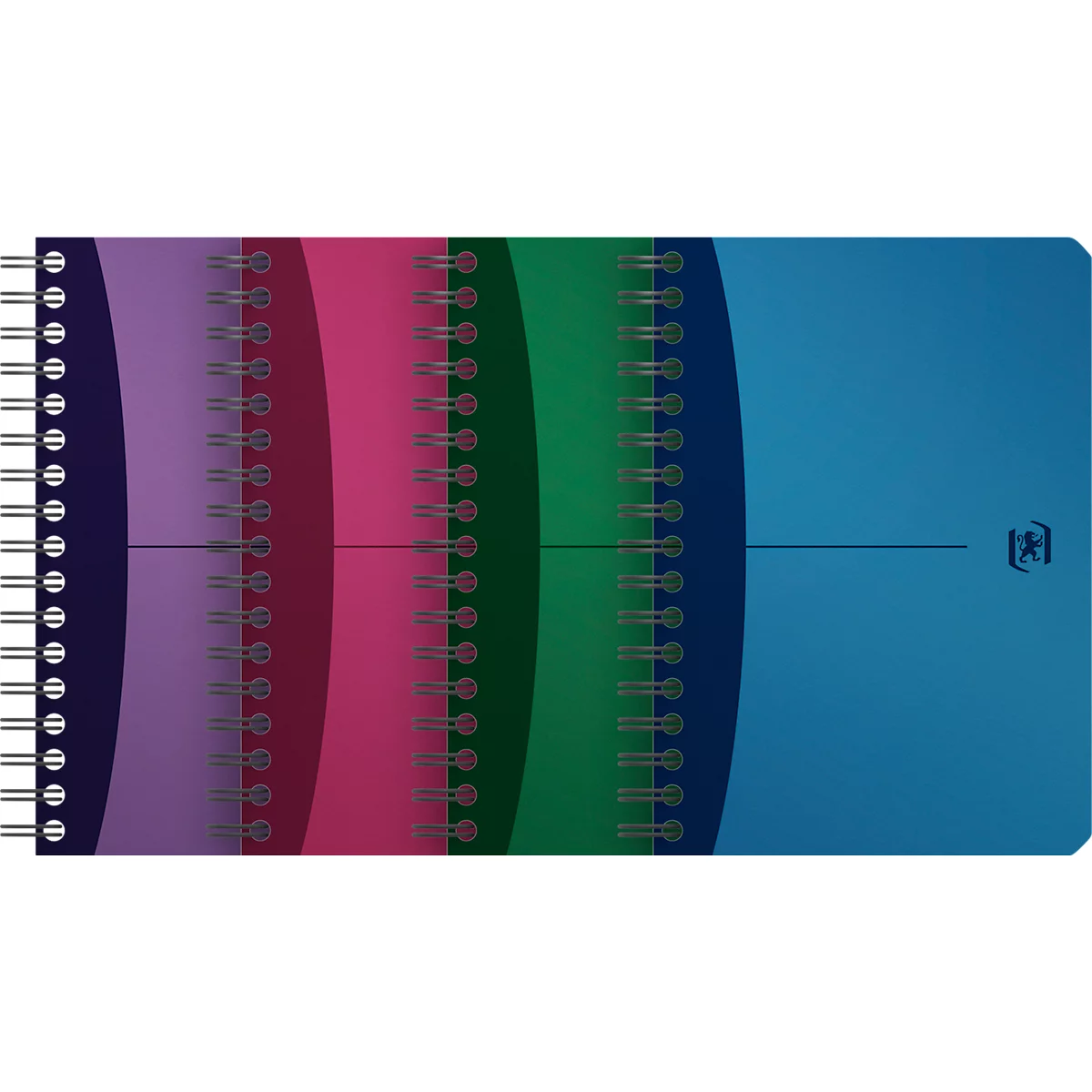 Bovenaanzicht van een spiraalgebonden notitieblok in paars, roze, groen en blauw.