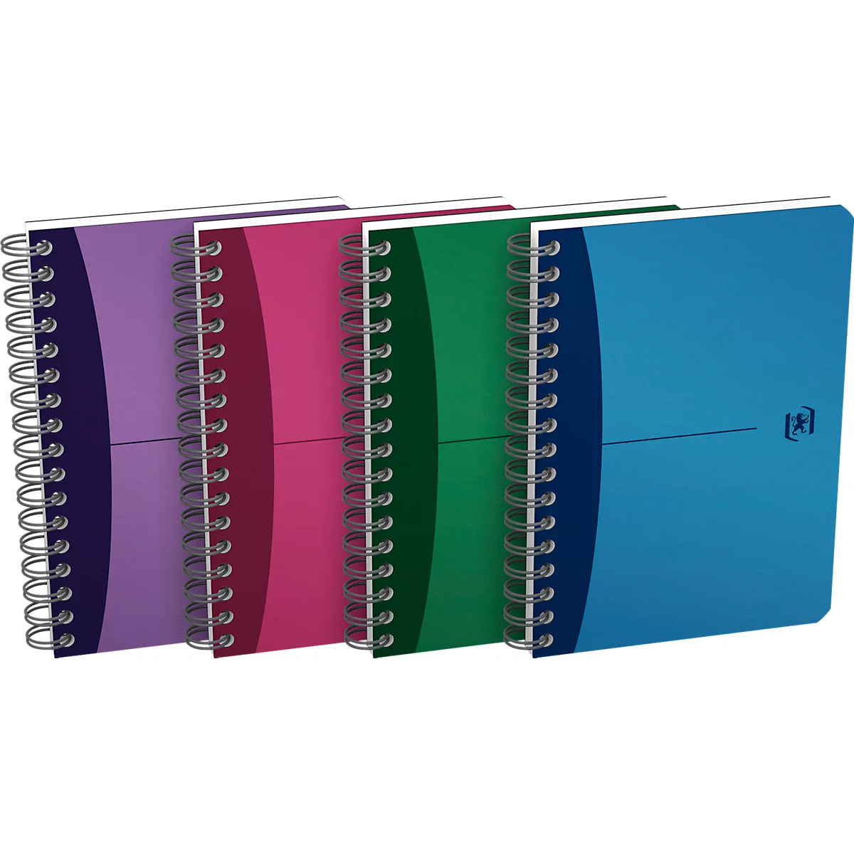 Spiraalgebonden notitieblokken in verschillende kleuren, van paars tot blauw. Het papier is wit.