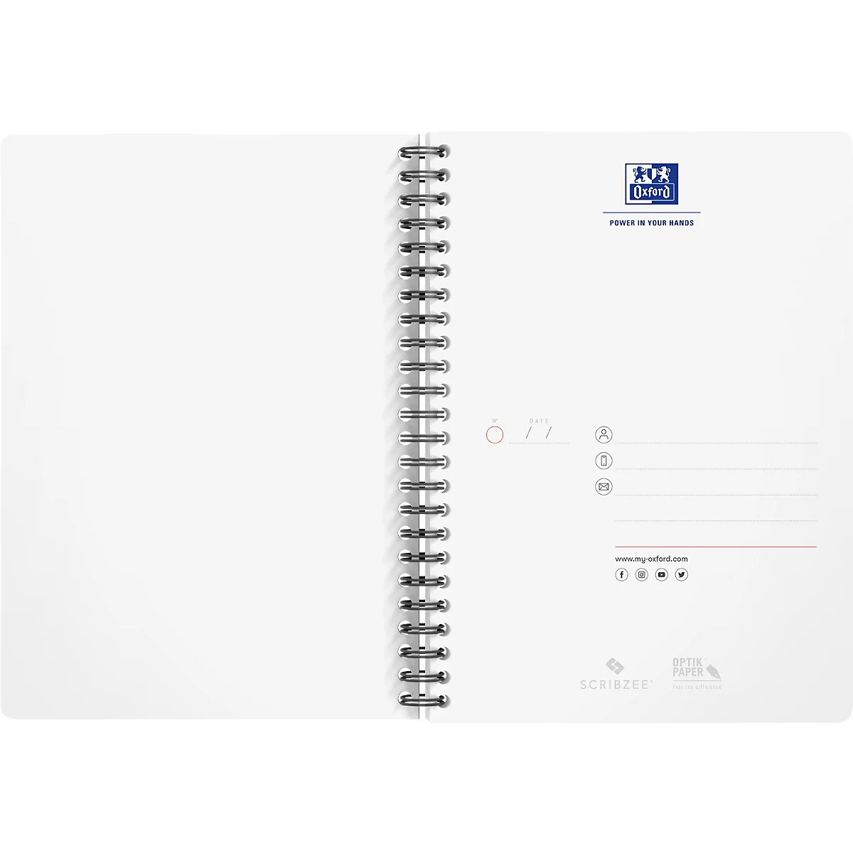 Open wit notitieboek met spiraalbinding. Aan de rechterkant staat het logo en ruimte voor informatie.