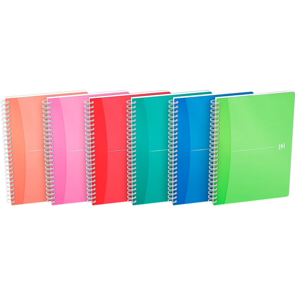 Een rij spiraalgebonden notitieboekjes in verschillende kleuren: oranje, roze, rood, turquoise, blauw en groen.