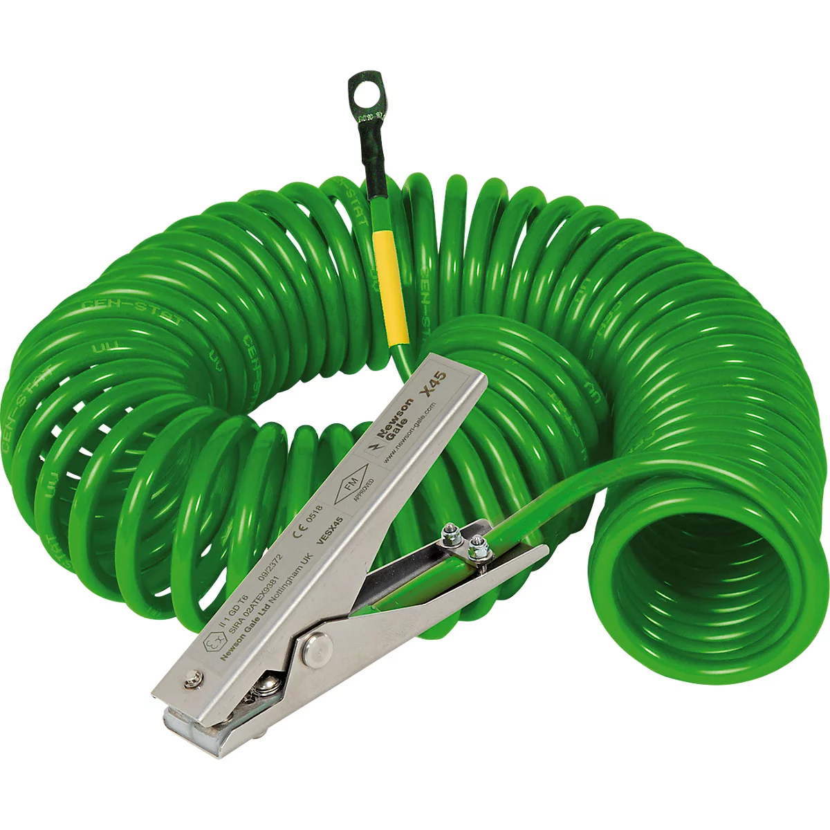 Green spiral cable with crocodile clip and eyelet, shown in detail.