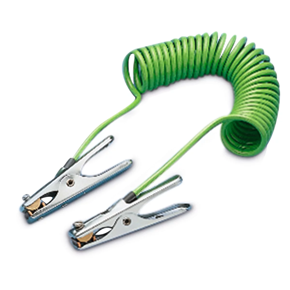 Two alligator clips with a green coiled cable.