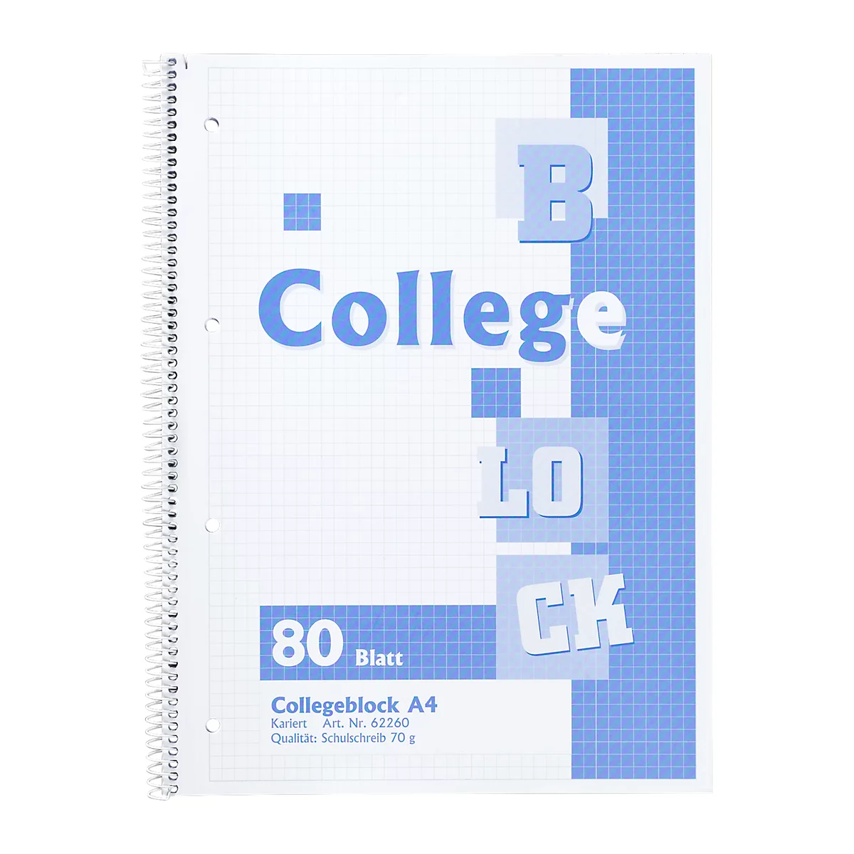 A spiral-bound college block with a blue pattern and the words "College Block".