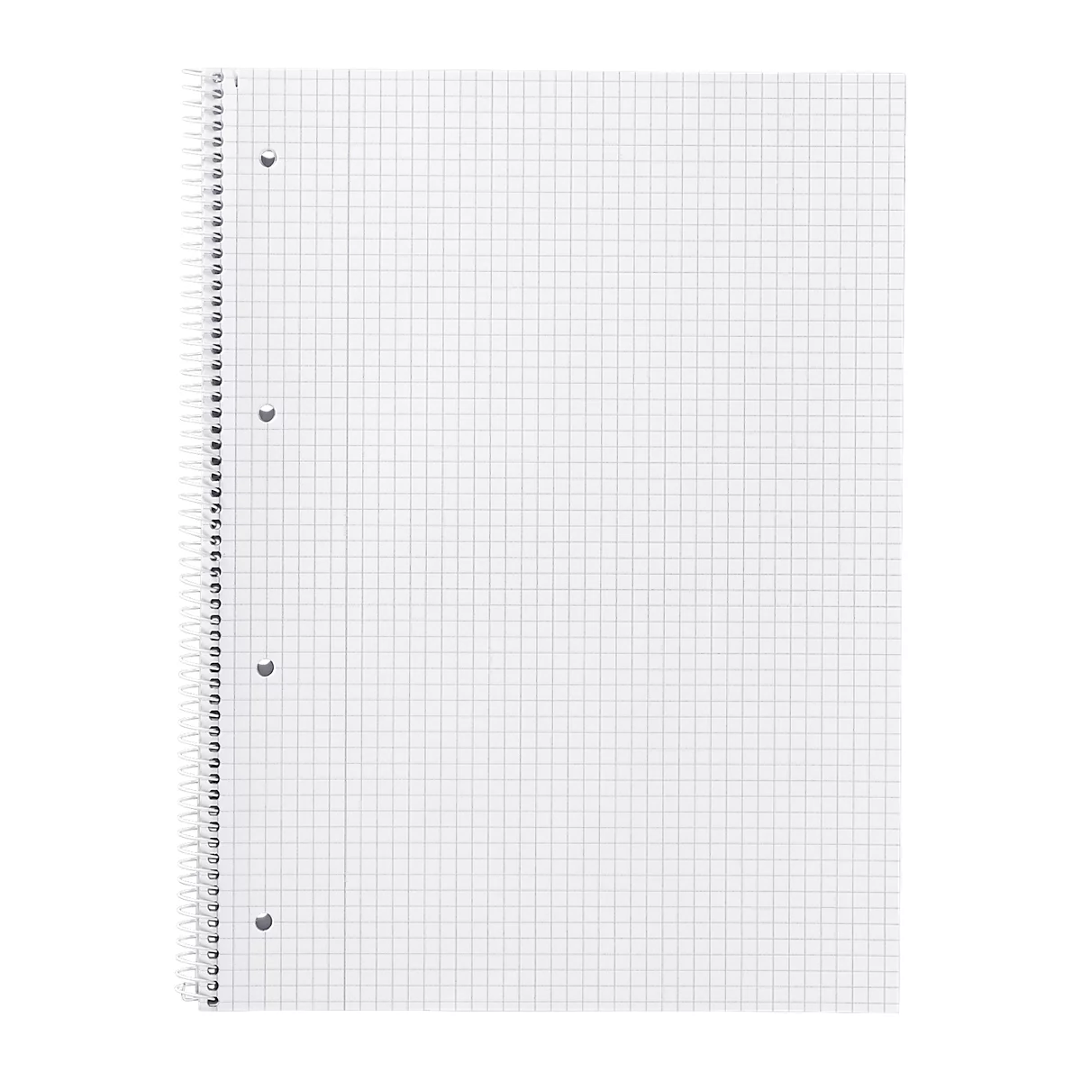 Squared notebook with spiral binding, perforated for filing.