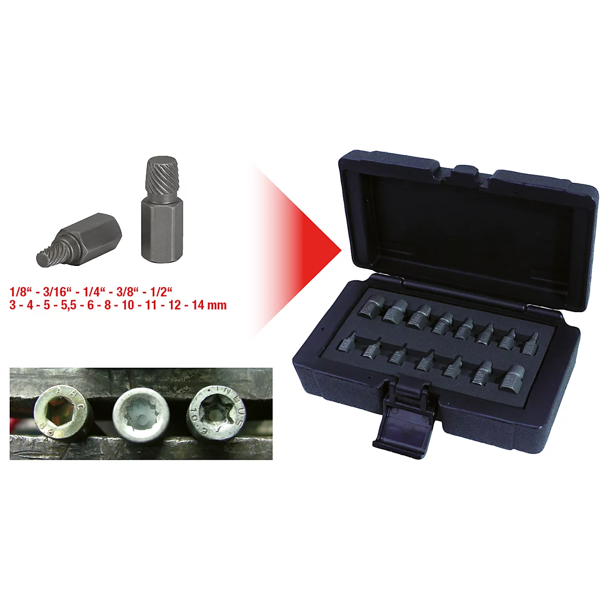 Set von Schraubenausdrehern in schwarzer Box, daneben Ausdreher und drei Schraubenköpfe.
