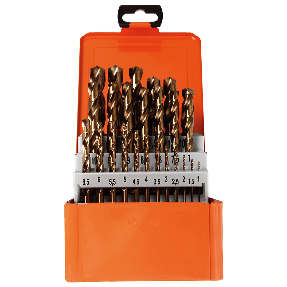 Bohrer Set in orangefarbener Box mit Griff und Größenangaben.