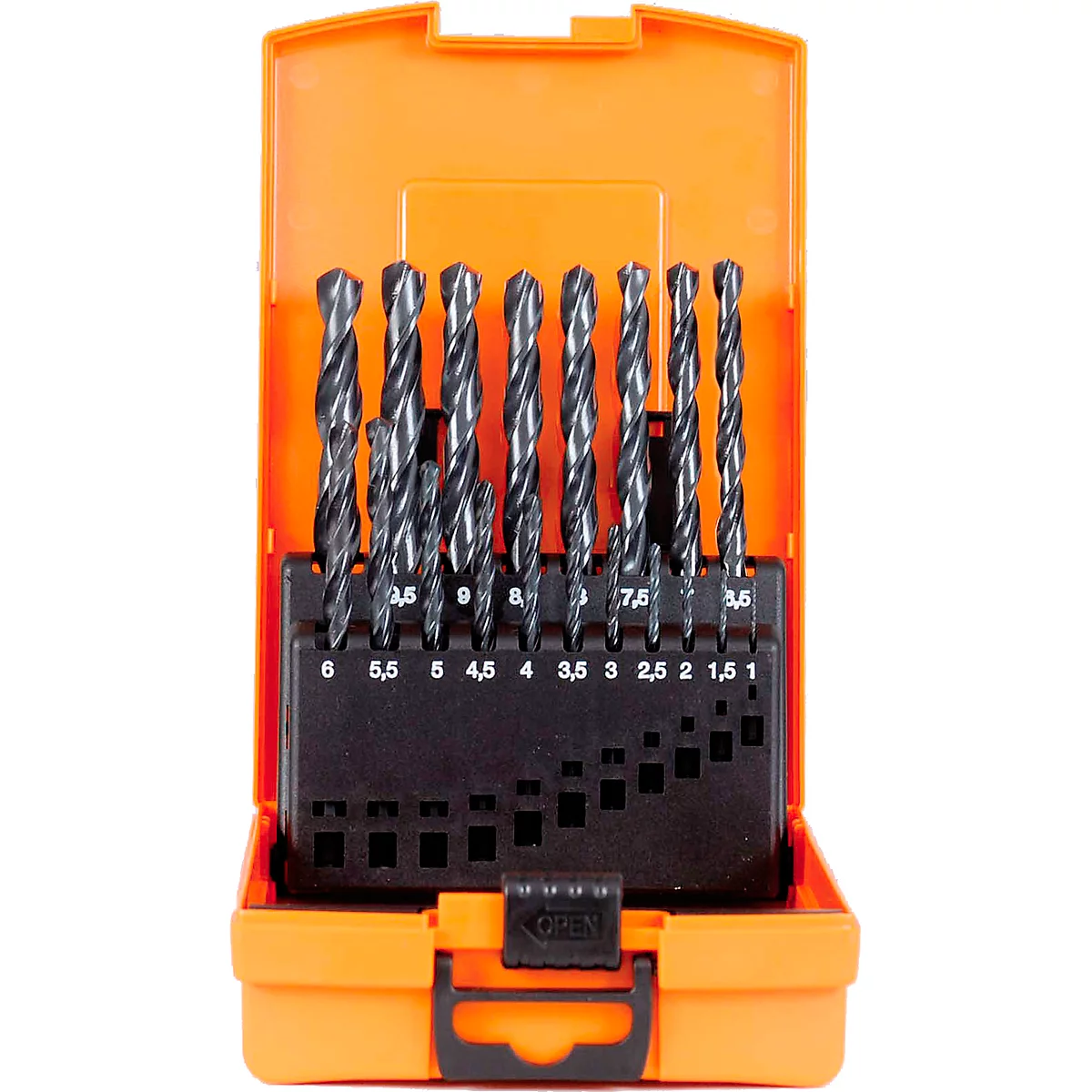 Bohrer-Set in orangefarbener Box, schwarz markiert mit Größenangaben. Ein schwarzer Halter fixiert die Bohrer.