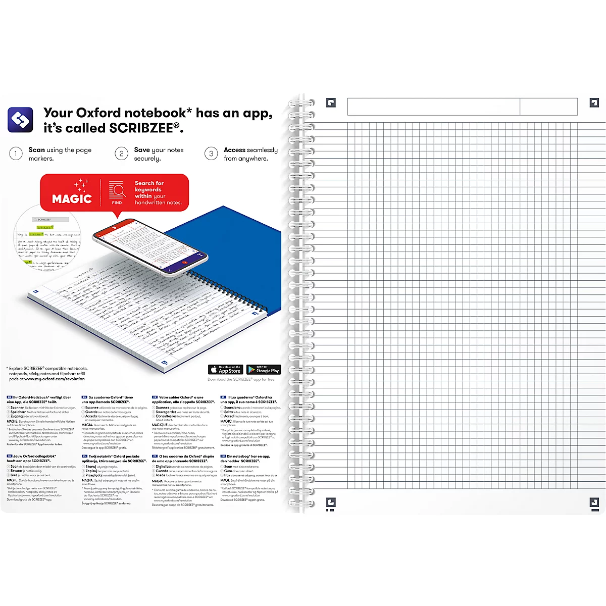 Spiralbuch OXFORD Office MyColours A4, Format A4, Doppelbindung, 90 Blatt kariert, weiß, SCRIBZEE®-kompatibel, EU ECO Label, farbsortierte Deckel, 5 Stück