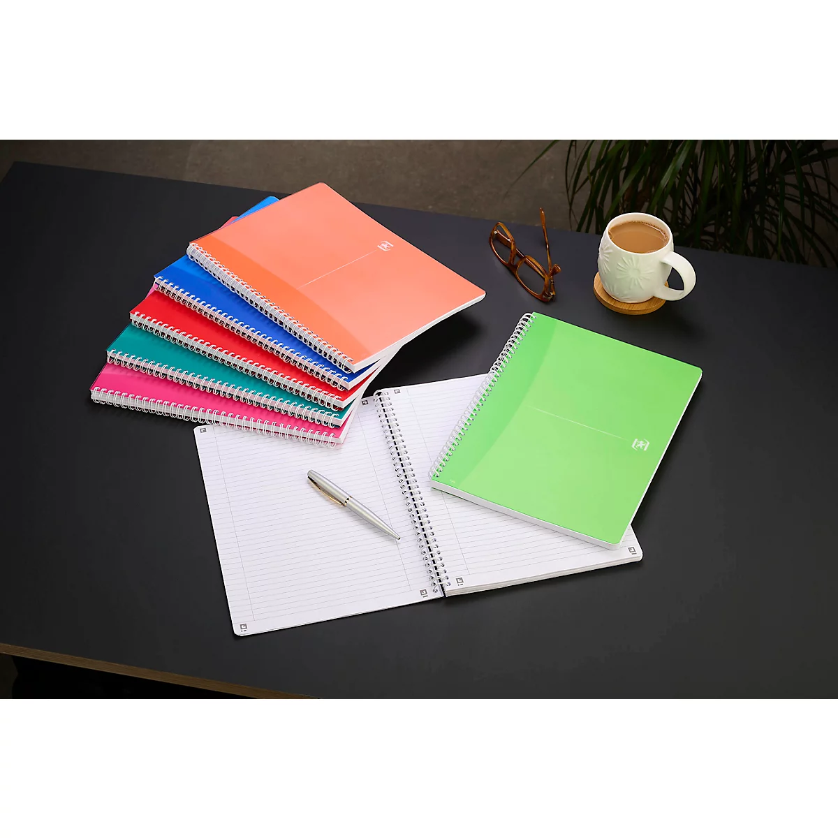 Spiralbuch OXFORD Office MyColours A5, Format A5, Doppelbindung, 90 Blatt liniert, weiß, SCRIBZEE®-kompatibel, EU ECO Label, farbsortierte Deckel, 5 Stück