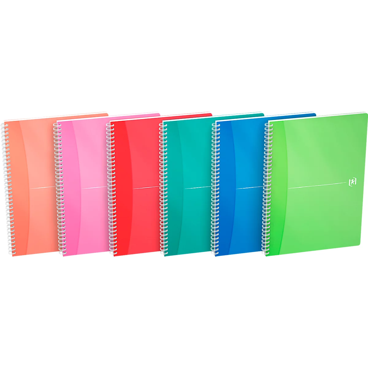 Reihe von Notizbüchern in verschiedenen Farben, mit Spiralbindung.