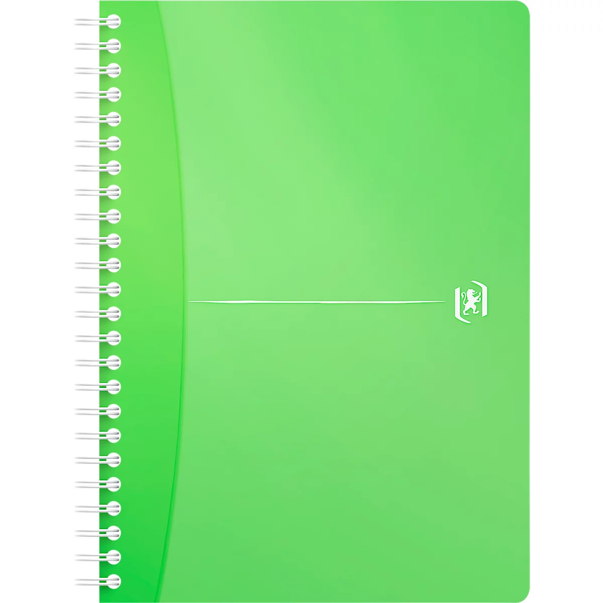 Hellgrünes Notizbuch mit weißer Spiralbindung. Auf der Vorderseite ein weißes Logo und horizontale Linie.