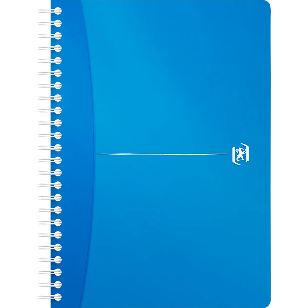 Blaues Notizbuch mit Spiralbindung und weißem Strich. Kleines Logo auf der rechten Seite.