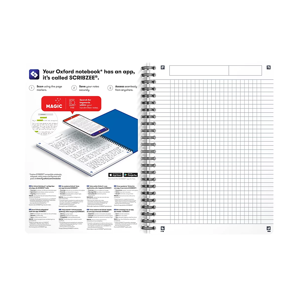 Spiralbuch Oxford Smart Black A5, Softcover, kariert, 90 Blatt, SCRIBZEE®-kompatibel, 5 Stk., Optik Paper®, weiß