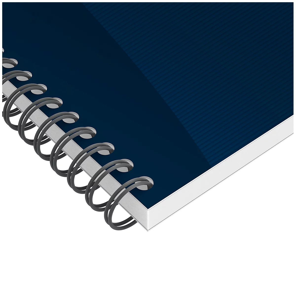 Blaues Notizbuch, Spiralbindung, Ecke, weißer Rand.