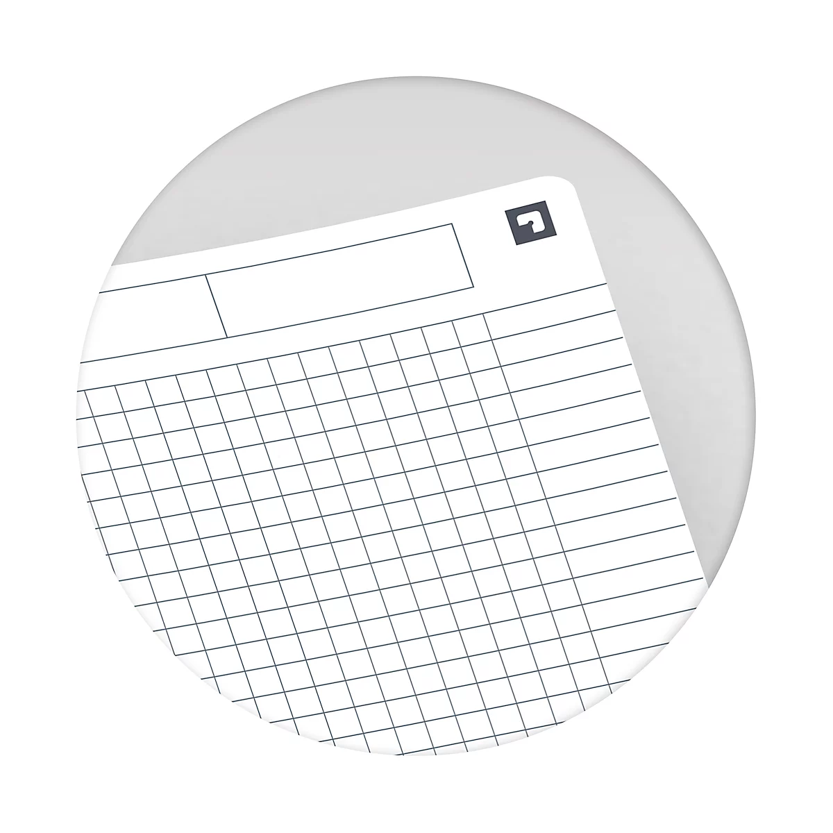 Detailansicht eines linierten Notizblocks mit Raster. Oben links eine Tabelle, oben rechts ein Symbol.