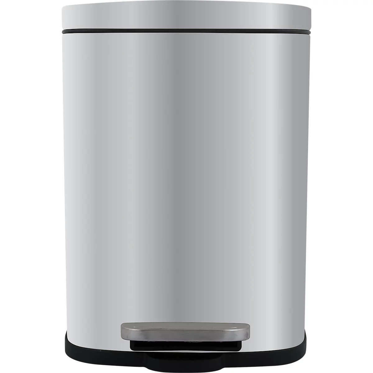 Une poubelle cylindrique argentée avec base noire et pédale.