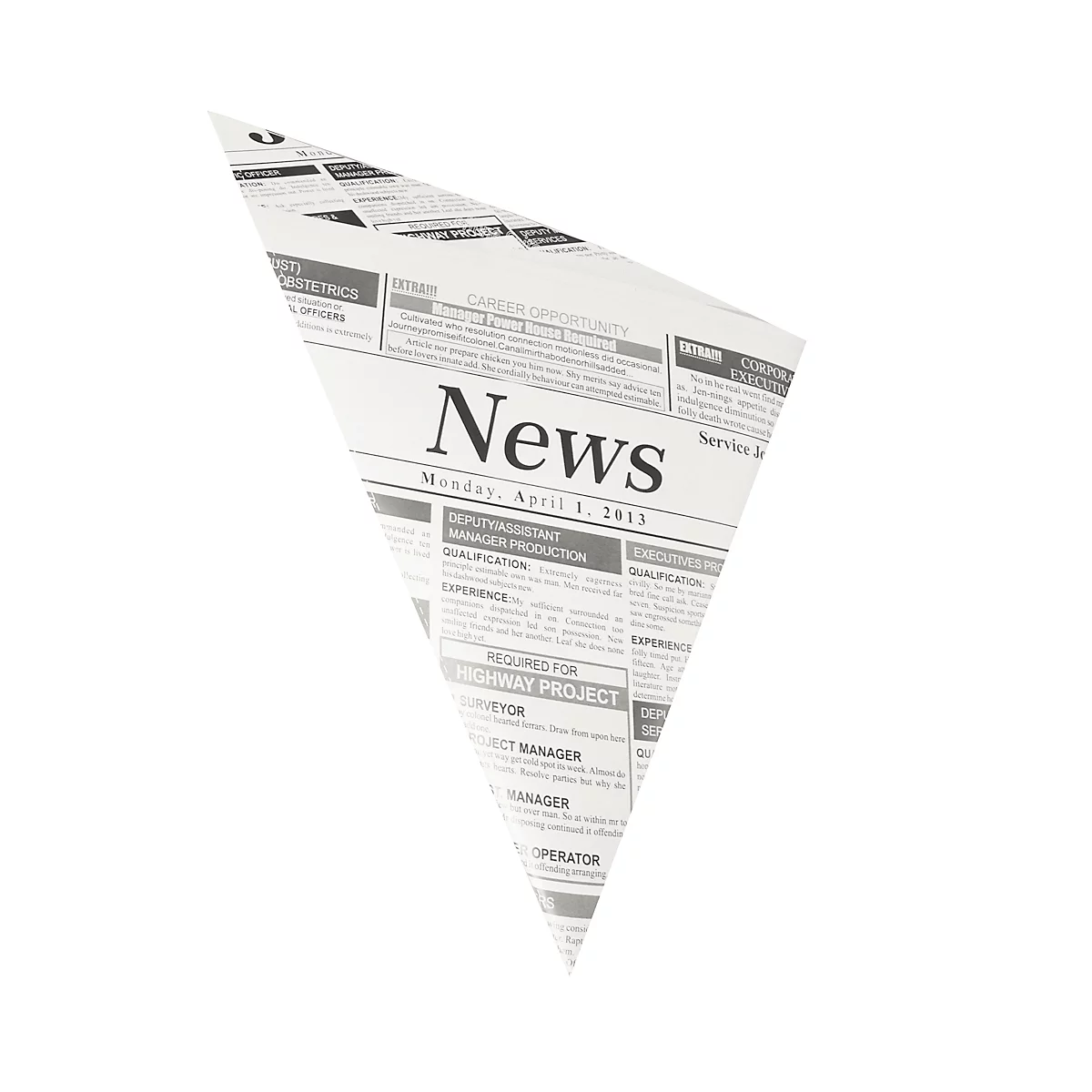 Eine gefaltete Zeitung mit dem Wort "News" und Kleinanzeigen. Datum: Montag, 1. April 2013.