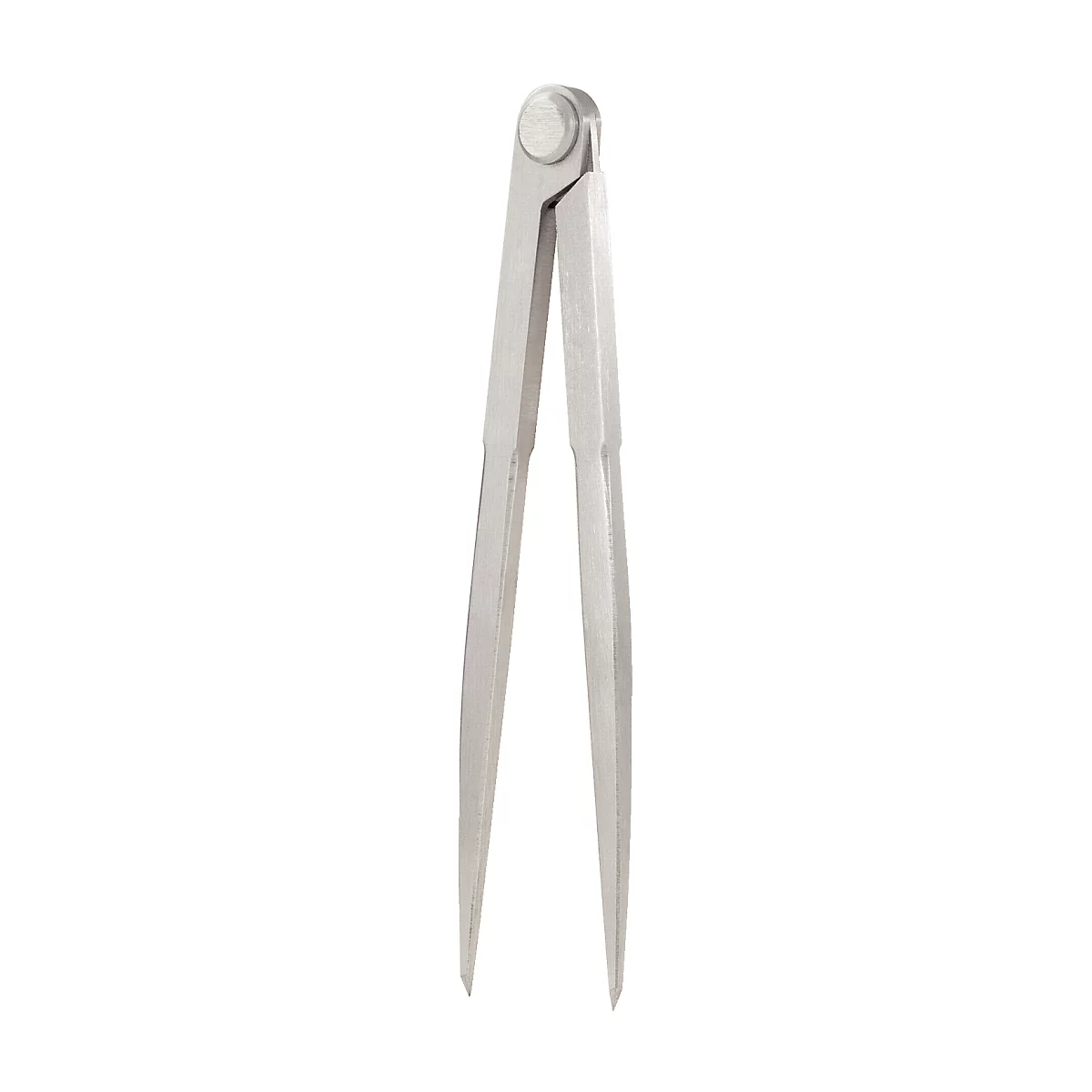 Metall Zirkel mit zwei langen, spitz zulaufenden Schenkeln. Der Zirkel ist an einem runden Drehgelenk befestigt.