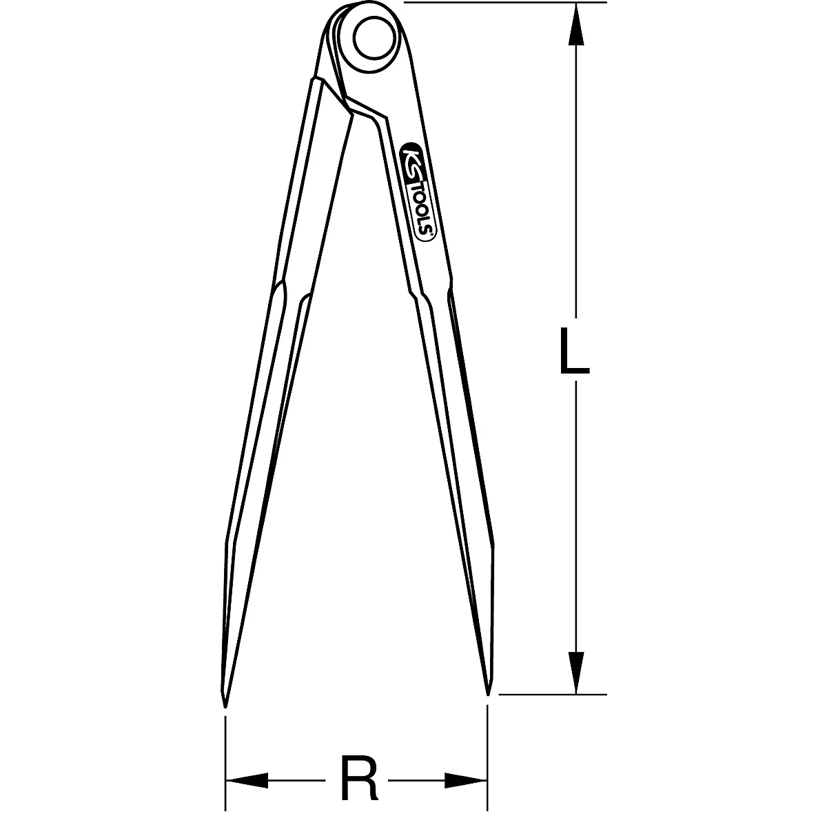 Zeichnung eines Zirkels. Die Beine sind spitz und durch ein Gelenk verbunden. Auf einem Bein steht das Logo "KS TOOLS".