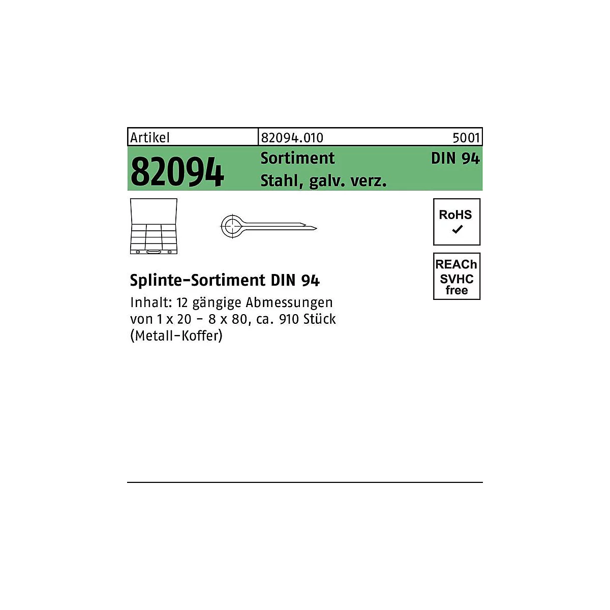 Splitpen assortiment DIN 94, gegalvaniseerd staal, 910 stuks, standaard DIN 94