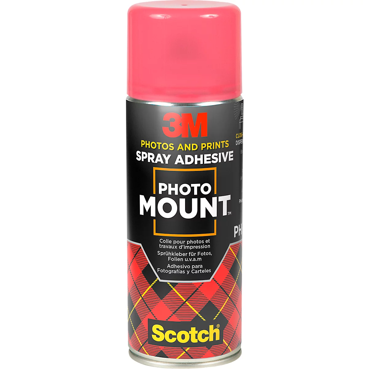 A 3M Photo Mount spray adhesive can with a pink cap and a red and black plaid pattern.