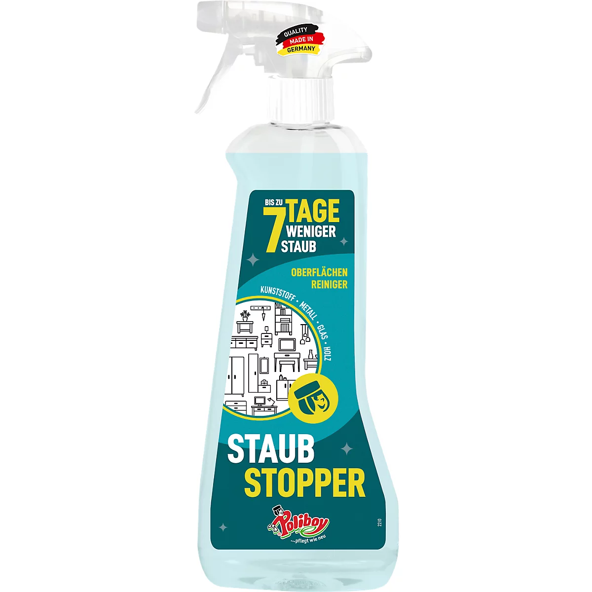 Spray anti-poussière POLIBOY Staubmeister, pour les surfaces lisses et scellées, antistatique, avec un parfum frais, 500 ml dans un flacon de recyclage