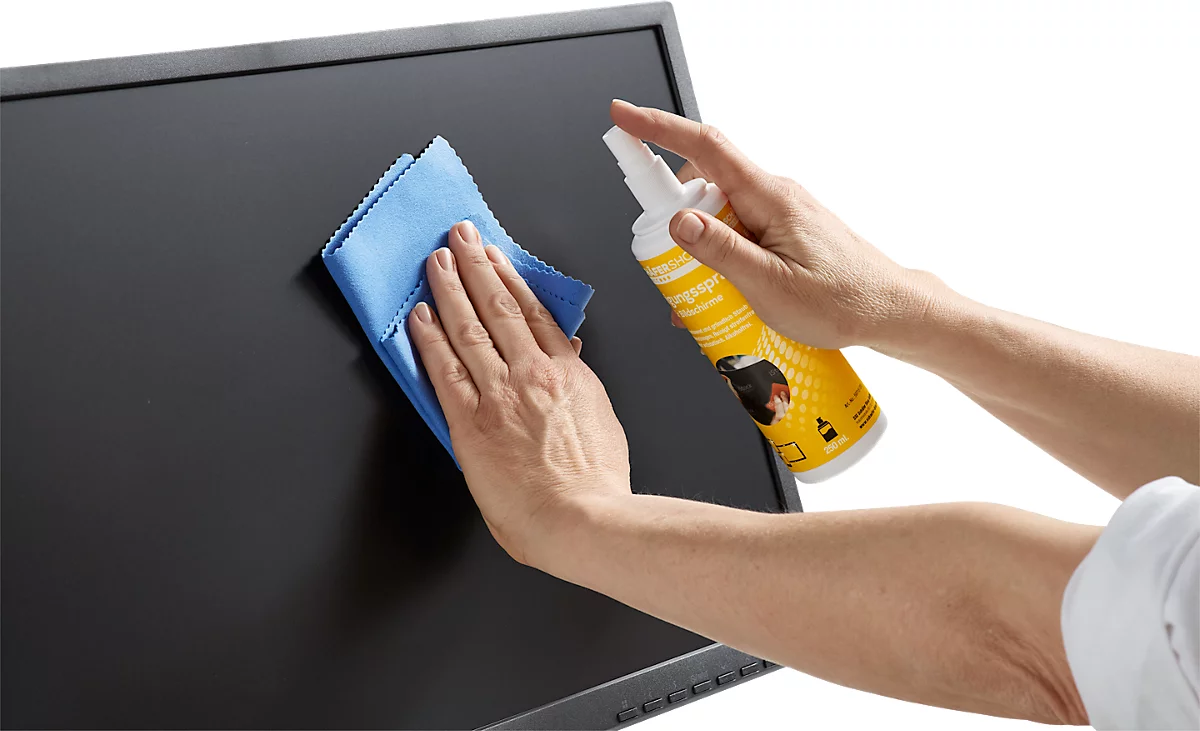 Spray de limpieza de monitores Schäfer Shop Select, para pantallas y accesorios informáticos, antiestático, sin rayas ni alcohol, con paño de microfibra, 250 ml