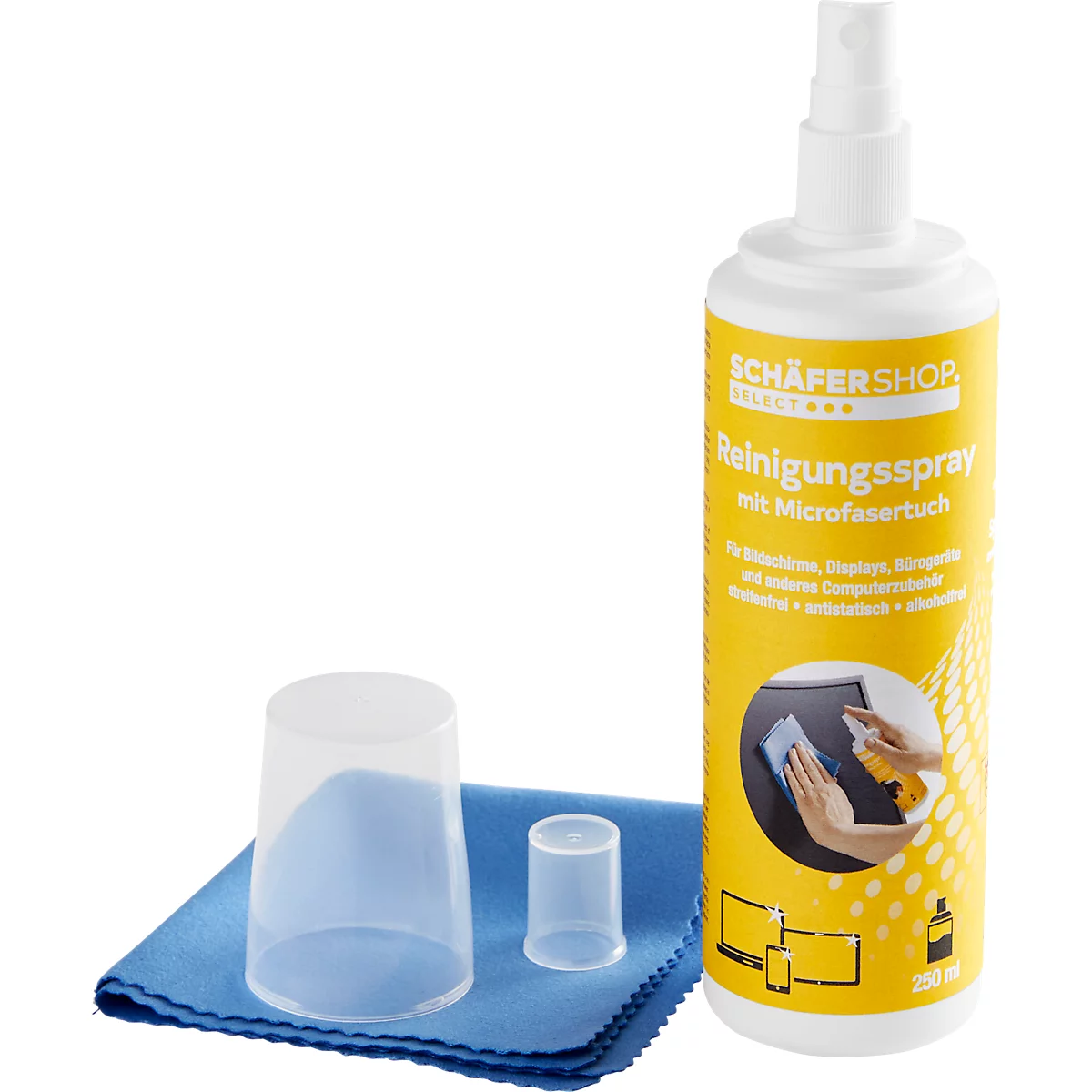 Spray de limpieza de monitores Schäfer Shop Select, para pantallas y accesorios informáticos, antiestático, sin rayas ni alcohol, con paño de microfibra, 250 ml