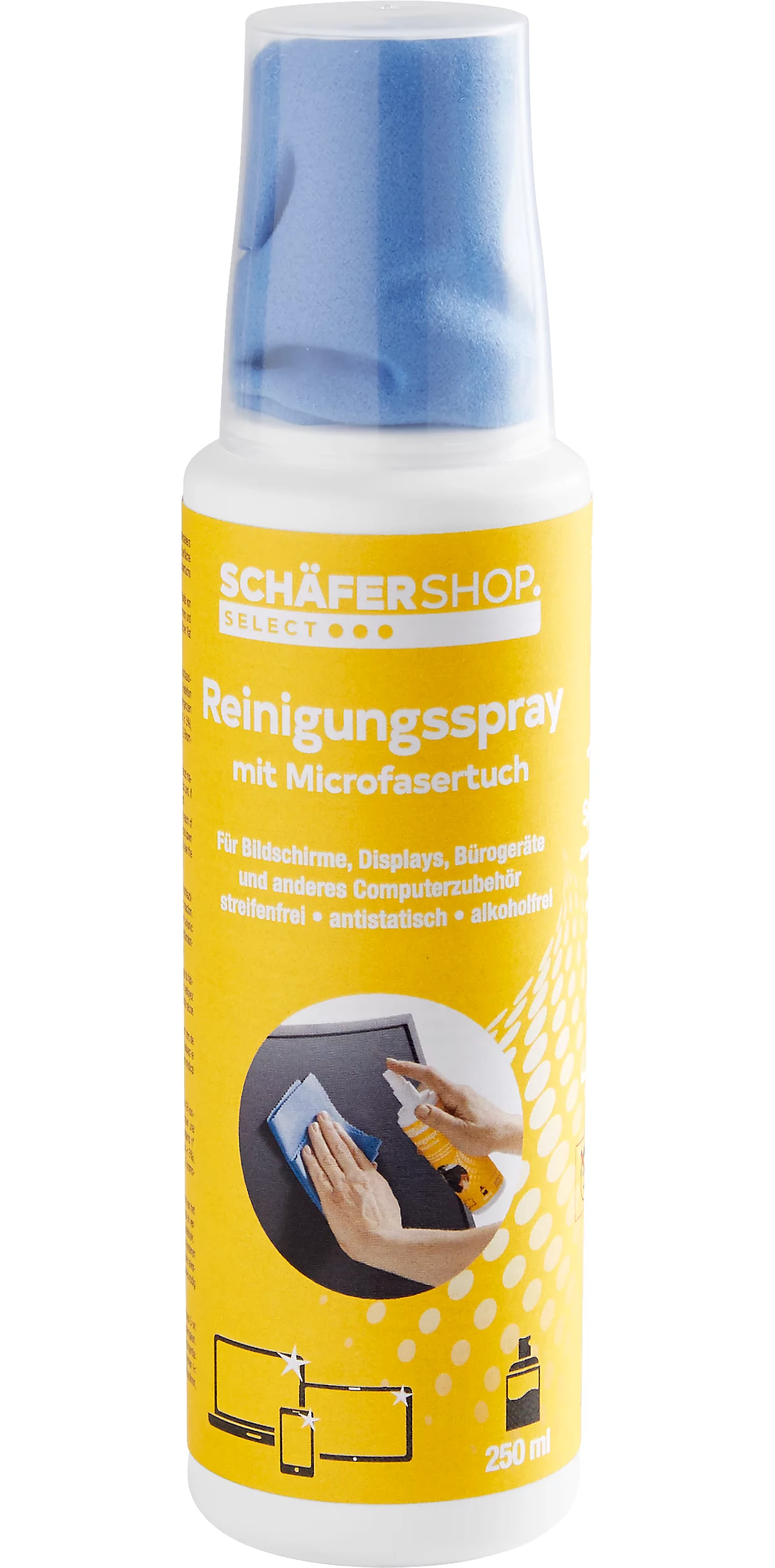 Spray de limpieza de monitores Schäfer Shop Select, para pantallas y accesorios informáticos, antiestático, sin rayas ni alcohol, con paño de microfibra, 250 ml