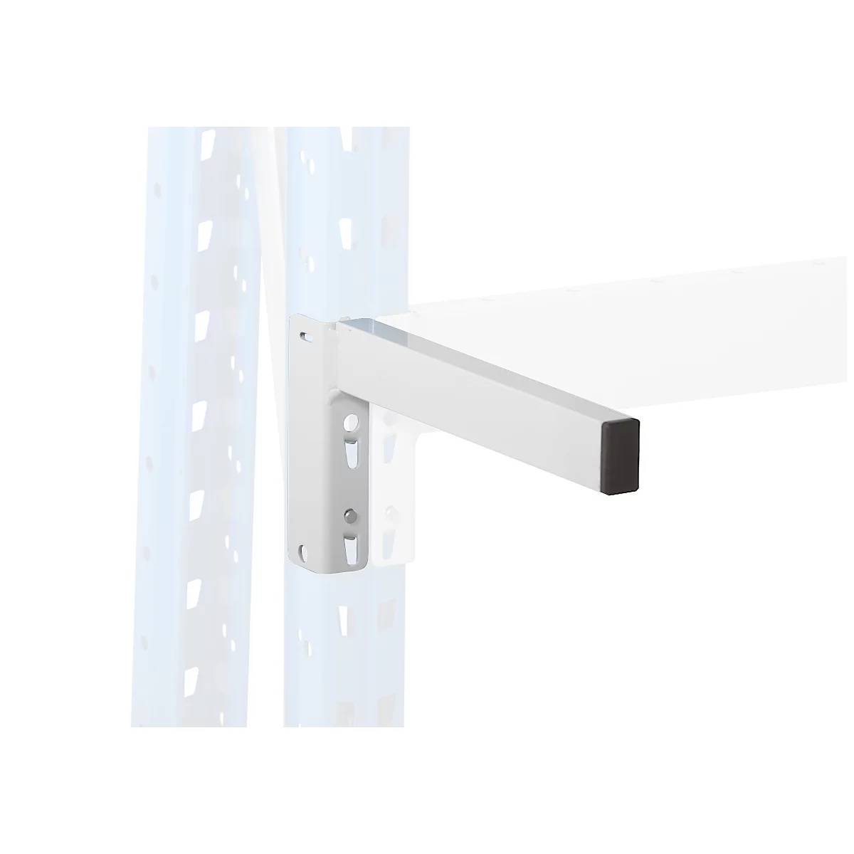 A white shelf with a square support arm attached to a white shelf bracket. The support plate is fixed to a bluish wall with screws.