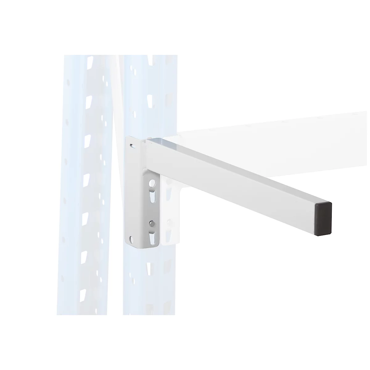 White, rectangular bracket attached to a blue rack. Black end.
