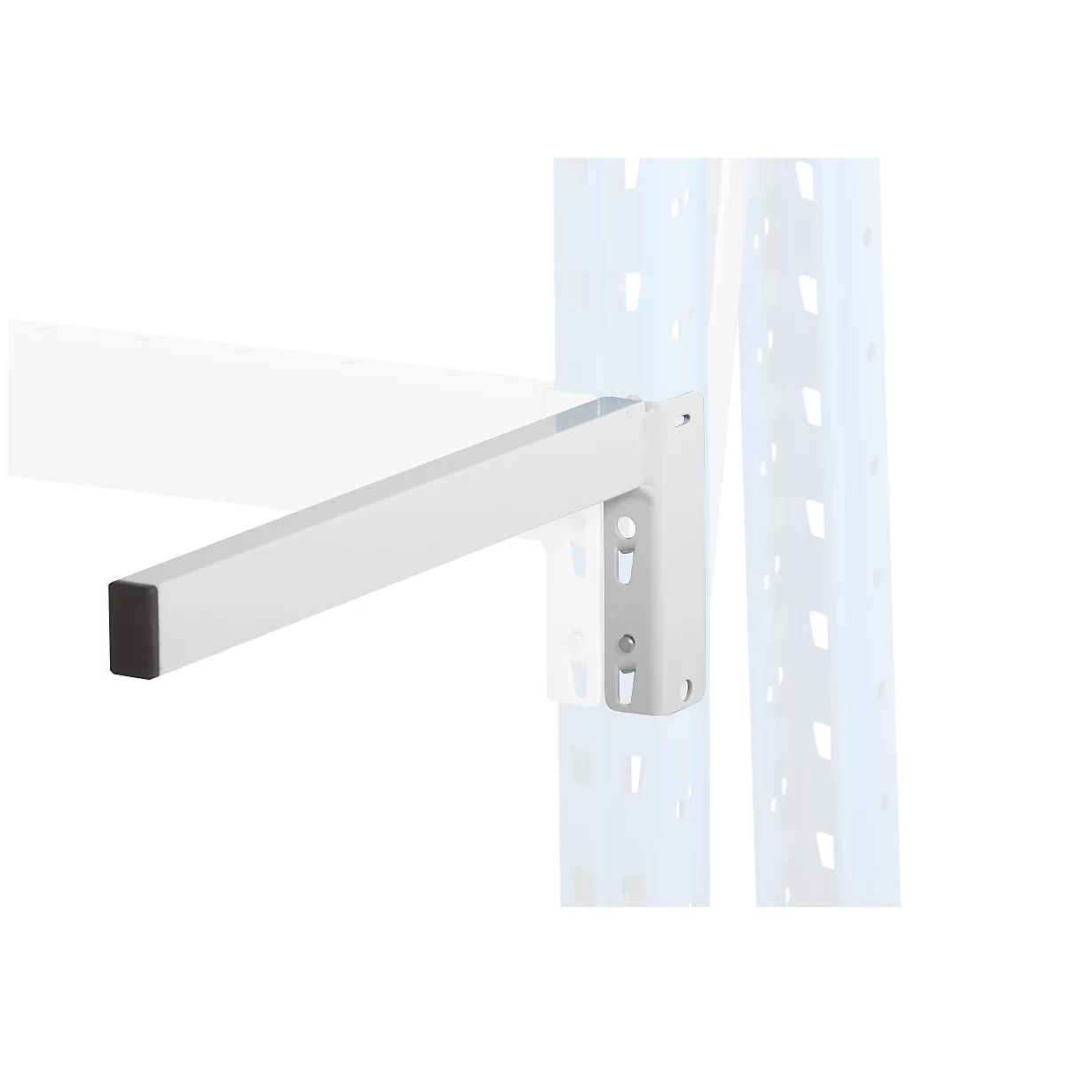 Bracket for a shelf, white, with black edge. It is attached to a white vertical bar.