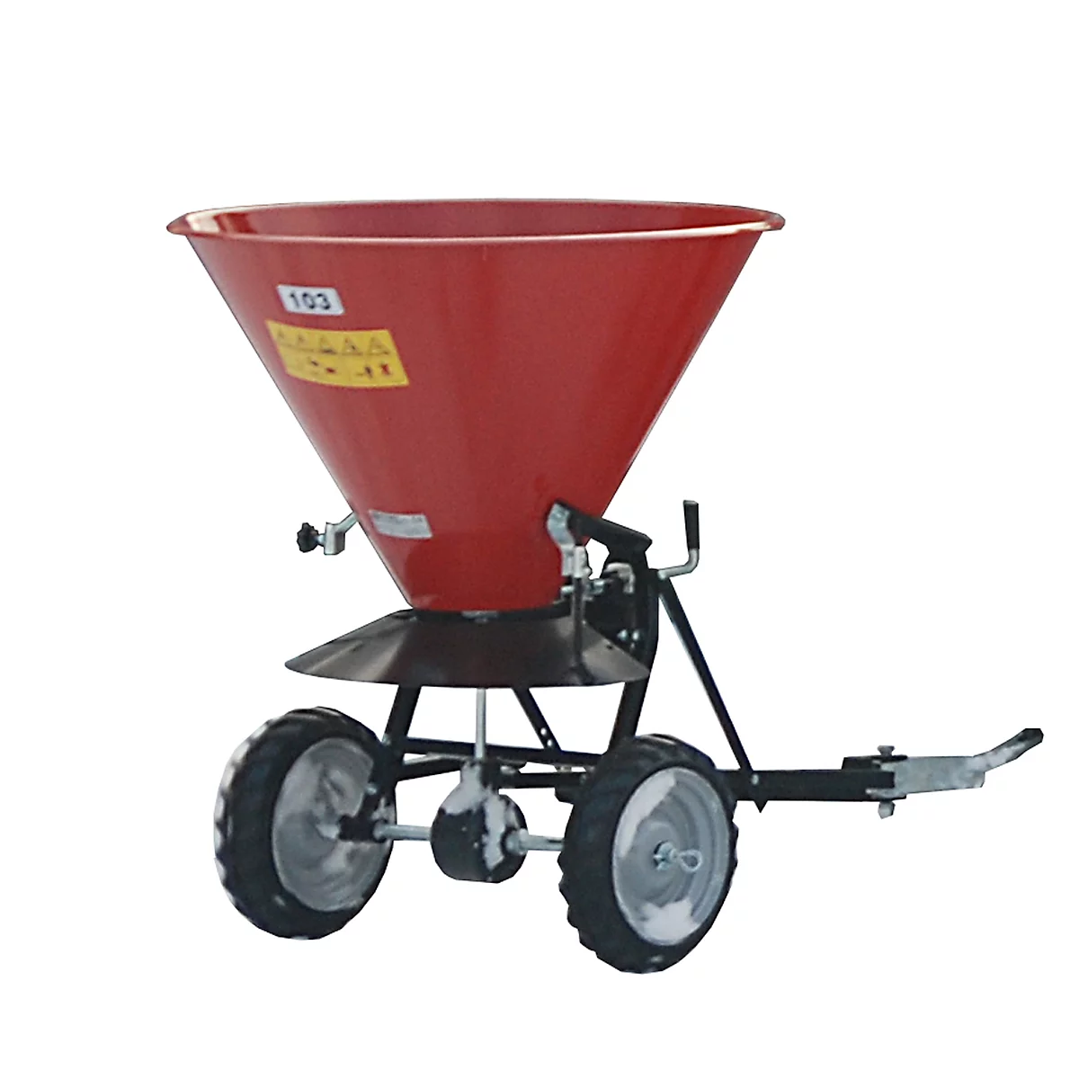Red fertilizer spreader on wheels, with hopper. Stickers with numbers and symbols.