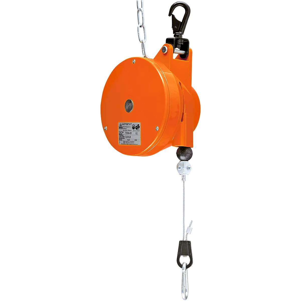 Orange spring balancer hanging on a chain. It has a black hook and a wire rope with hooks at the bottom.