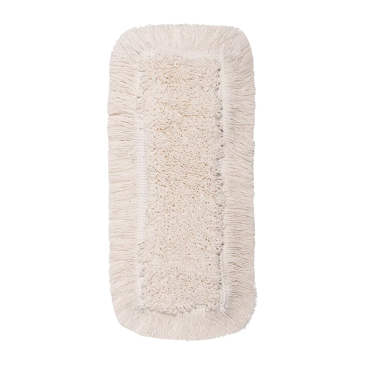 Rectangular, cream-colored mop pad with fringes on the edges.