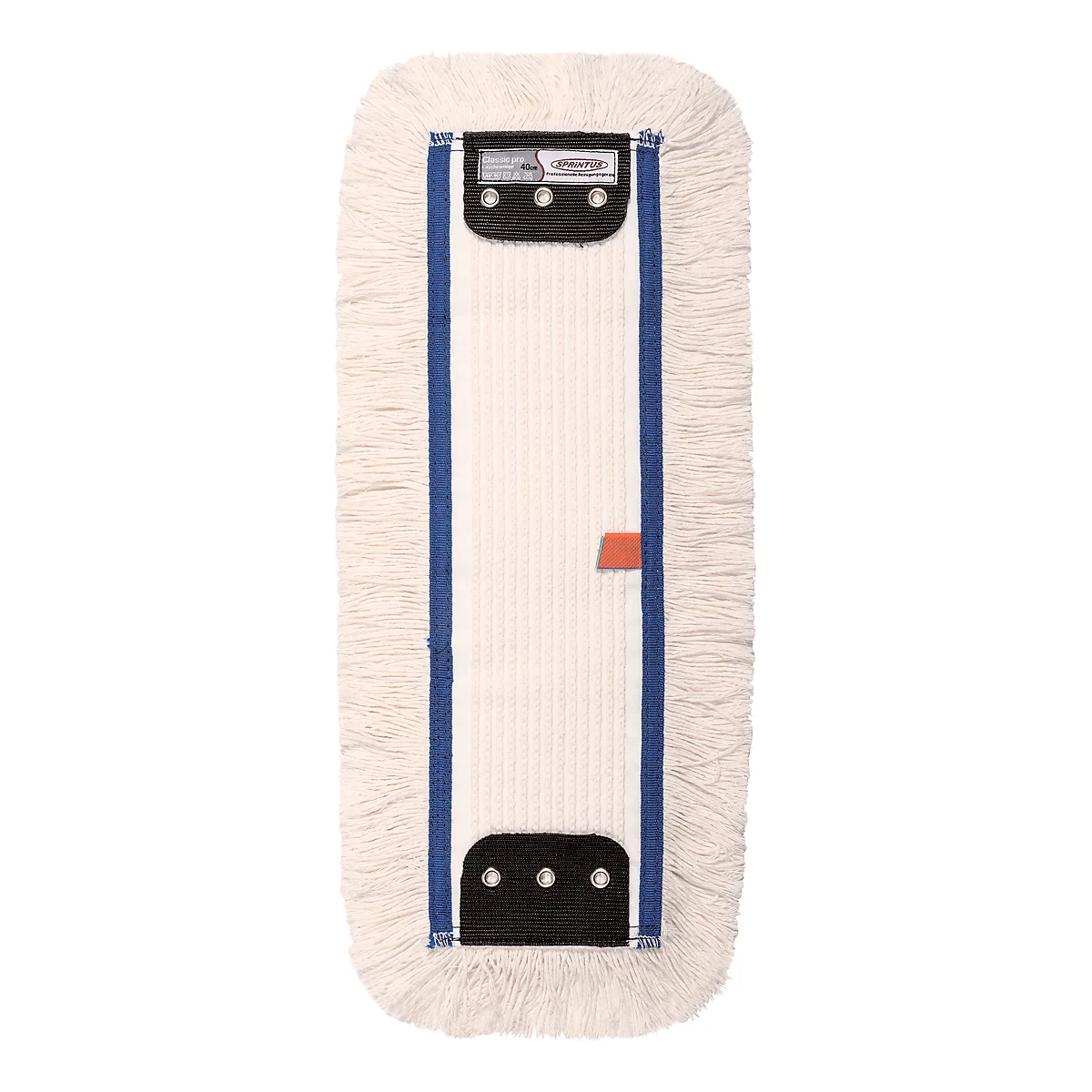 A white rectangular mop with blue stripes and black holders. The mop has a fringed edge and an orange tab.