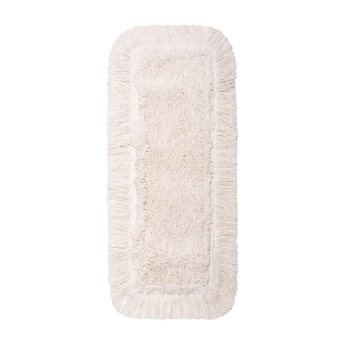 Beige bath rug with fringes around the edges.