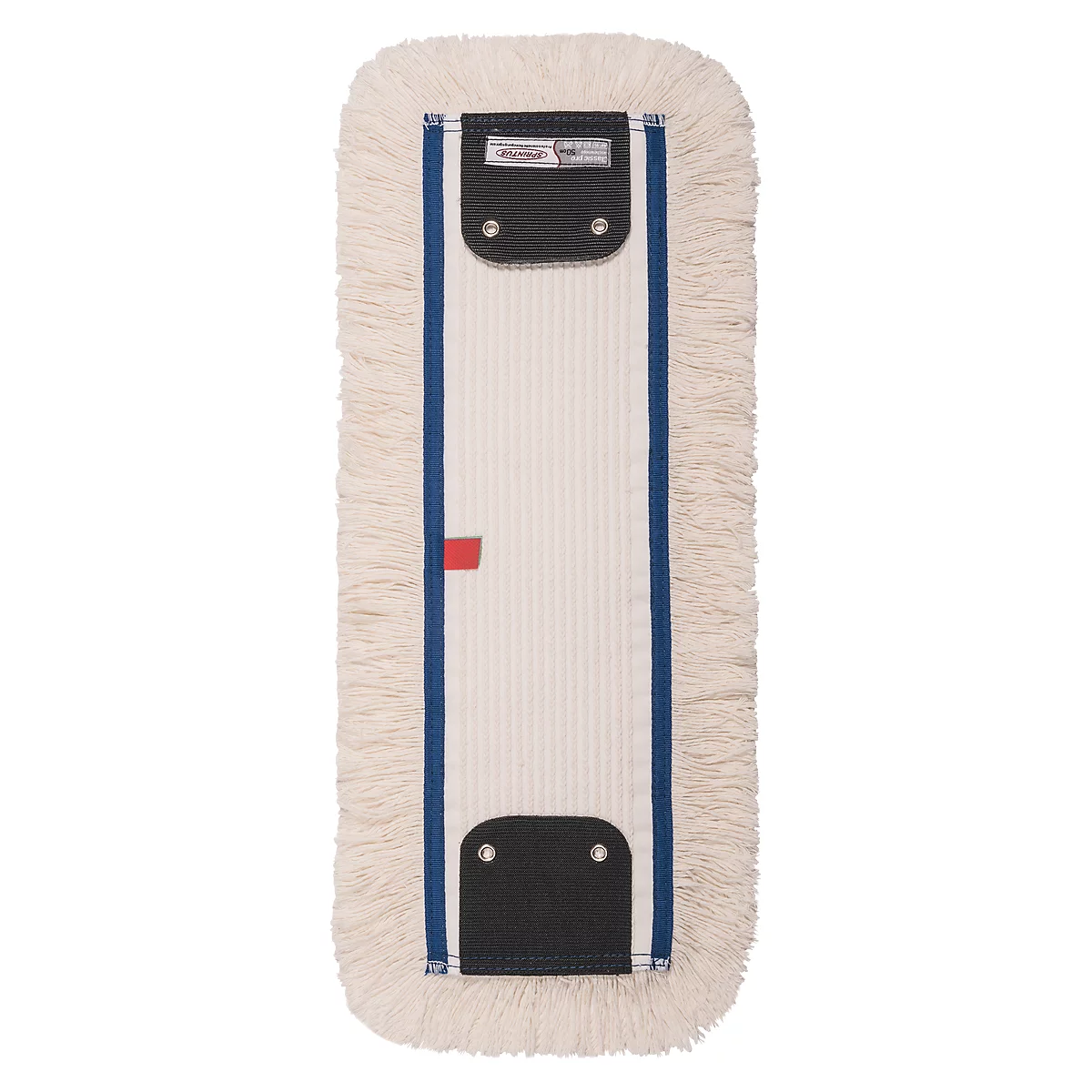 A rectangular mop head. It consists of creamy, fringed fabric surrounding an interior of ribbed material. Blue stripes run along the sides. Black fixings.