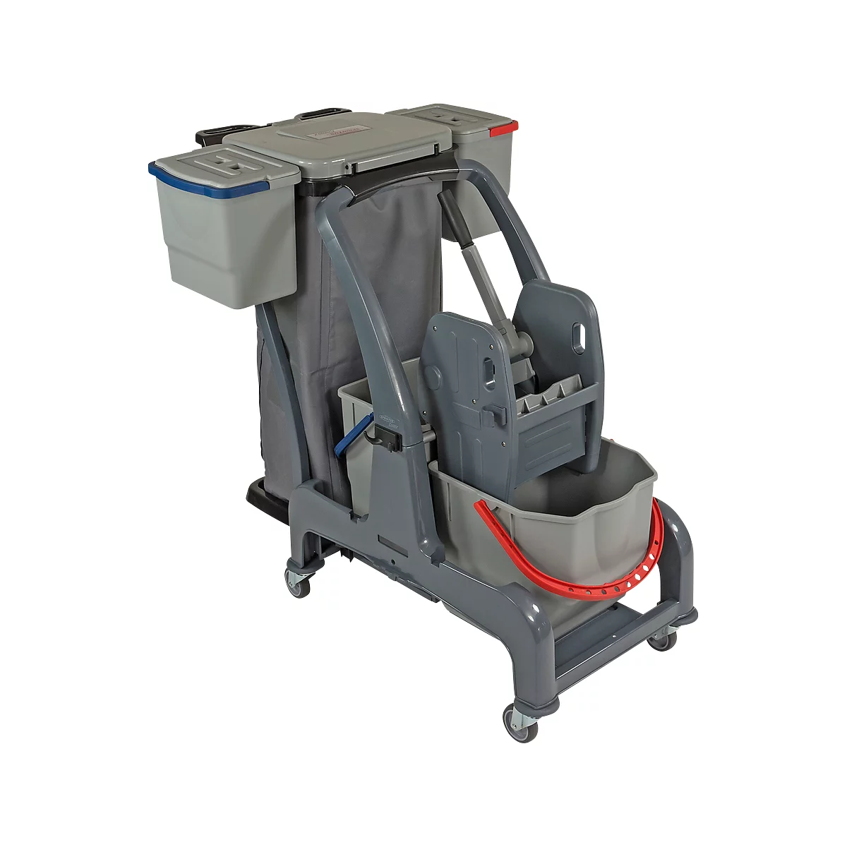 Grey cleaning cart with buckets, mop press, and wheels.